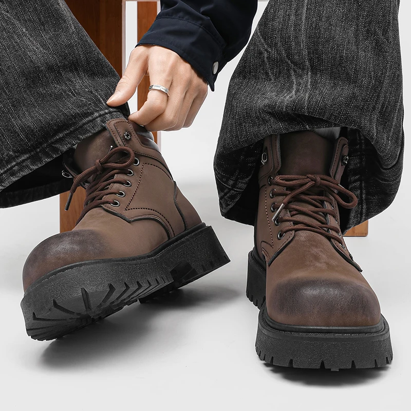 Men's  Boots High Top Thick Bottom Heightening Retro Workwear Casual Trendy Shoes British Style round Toe Rubber Outsole - 4