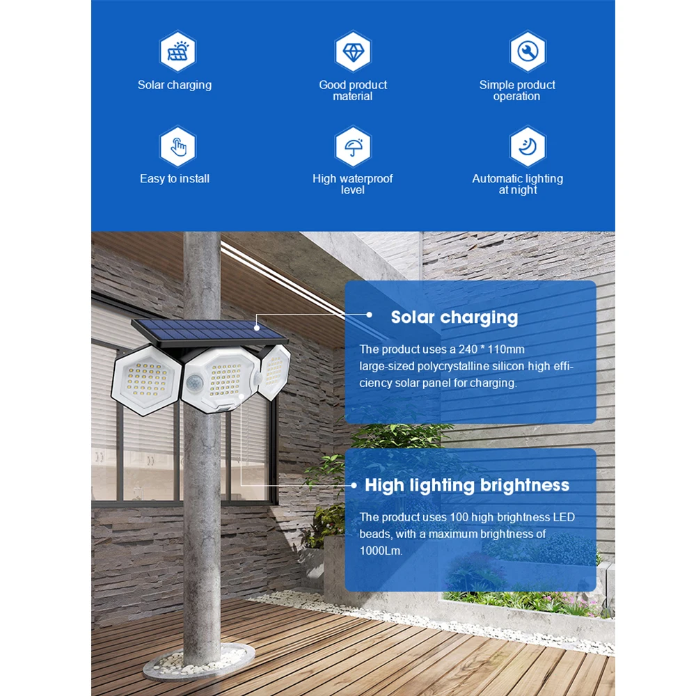 Description Picture 3 of item1Pc Multifunctional Solar Lamp Outdoor Garden Decoration 100 LED Wall Lights Powered Spotlight with 32700 6000mA Motion Sensor