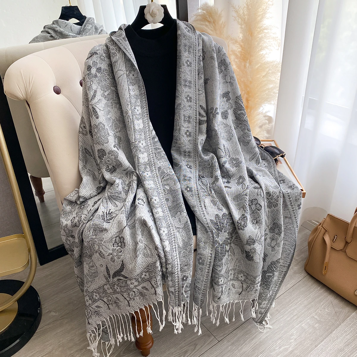 Luxury Women's Winter Cashmere Scarf - Embroidered Printed Tasseled Shawl, Elegant Pareo Cape & Chunky Headscarf