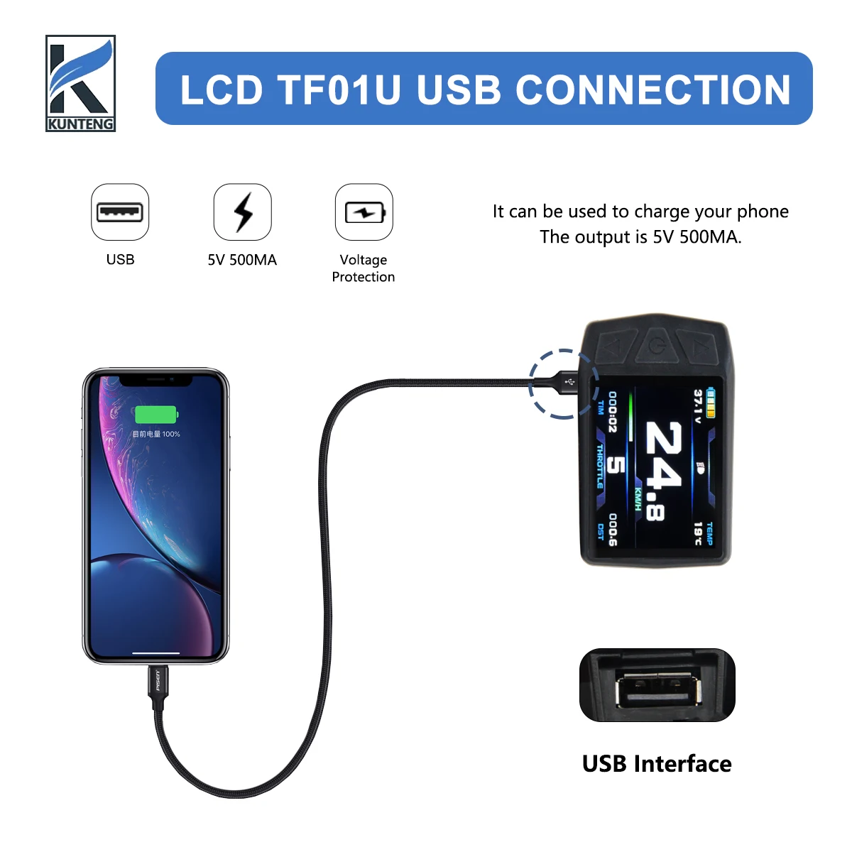 KT TF01U Ebike 디스플레이 24V 36V 48V USB 인터페이스 방수 일반 플러그 포함 자전거 변환 키트용