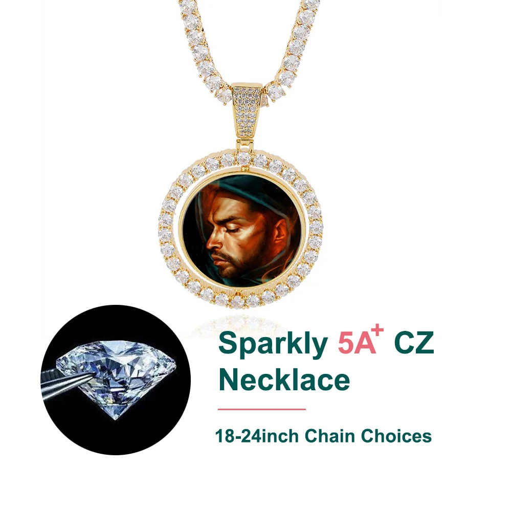 Hip Hop Double Side Round Rotating Memory Photo Custom Pendant Necklace Round Rotate Picture Zircon Iced Out Bling Necklace