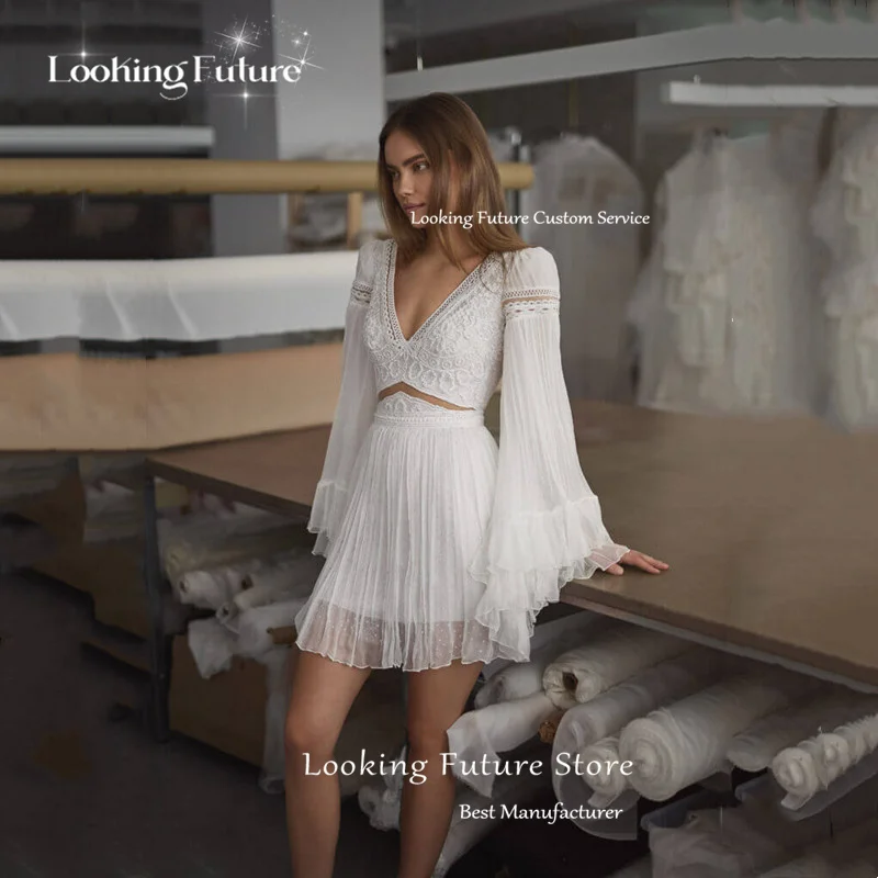 Exquisite Ivory Lace A-Line Mini Wedding Dress Sexy Deep V-Neck Long Sleeves Pleat Open Back Chiffon Short Dress Gown Customized 11 Sf7d10988547e4d1d85b75882e31582b4r