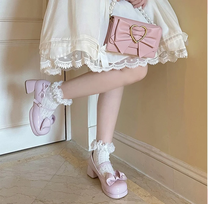 Sweet Cute Women Solid Color Round Toe High Heels Fashion Elegant Bowknot Mary Jane Ankle-Strap Buckle High Heels for Ladies