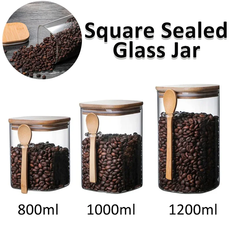 Square Sealed Glass Jar glass storage jar glass storage container 800/1000/1200ML with Wooden Spoon Seasoning Box Coffee Bean Tea Storage Container Kitchen Supplies