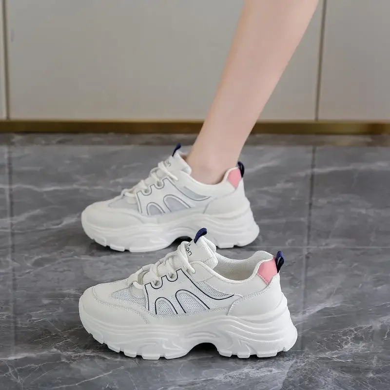 

Leather White Shoes Women's New Thick Bottom Fashion Heel Lifed Women's Casual Shoes Women's Breathable Travel Tenis Sports