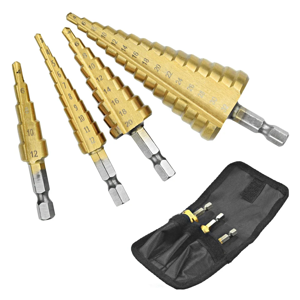 

3Pcs Set Drill HSS Steel 4-12 4-20 4-32 HSS Straight Groove Step Wood Titanium Cone Step Bit Hole Metal Tools Cutter Drilling