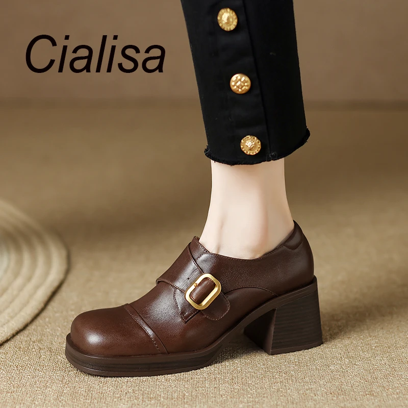 

Cialisa Autumn New Arrival Casual Round Toe Brown High Quality Genuine Leather Women Shoes Handmade High Heels Lady Footwear 40