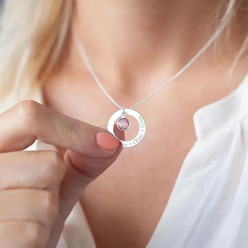 Custom Engraved Name Hollow Ring Pendant Personalized Birthday Gemstone Necklace Luxury Stainless Steel Women Jewelry Gifts