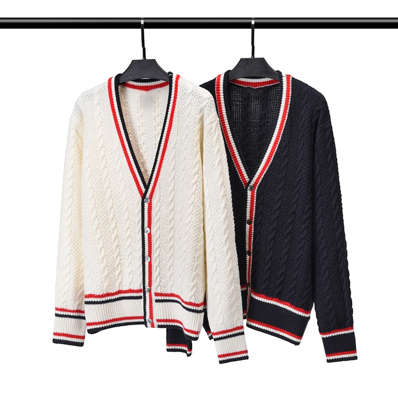 

TB THOM Men's Sweaters Luxury Brand Top Quality Warm Wool Knitwear Top Fashion Casual Harajuku Preppy Style V-Neck TB Cardigan
