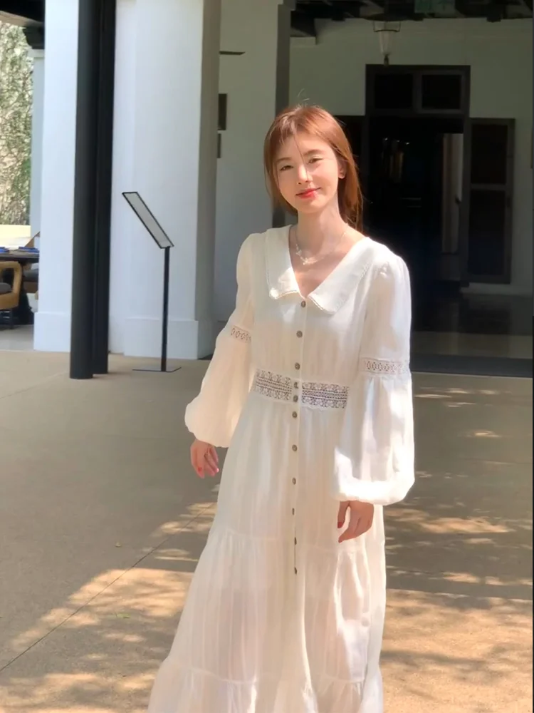 

Ju Jingyi Star's Same Style White Super Immortal Dress for Women's Summer 2023 New Lantern Sleeves Loose Vacation Skirt