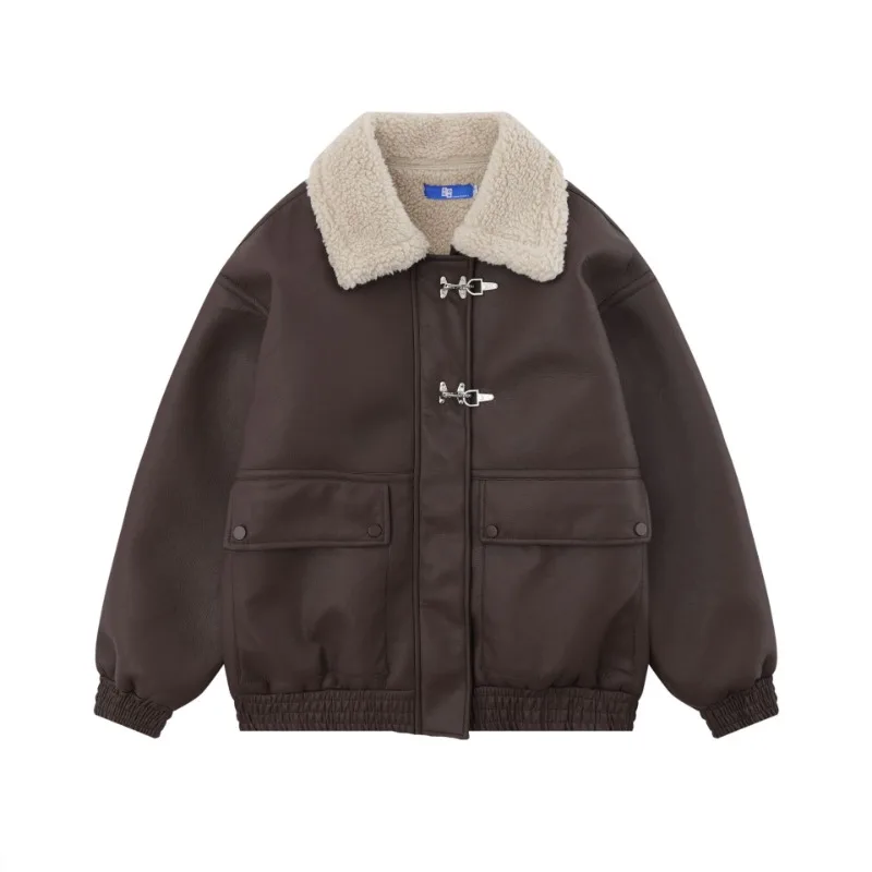 

Street Fashion PU Leather Lamb Fleece Parka Collar Solid Thick Warm Top Couple Hip Hop Motorcycle Coat Jaqueta De Frio Maculina