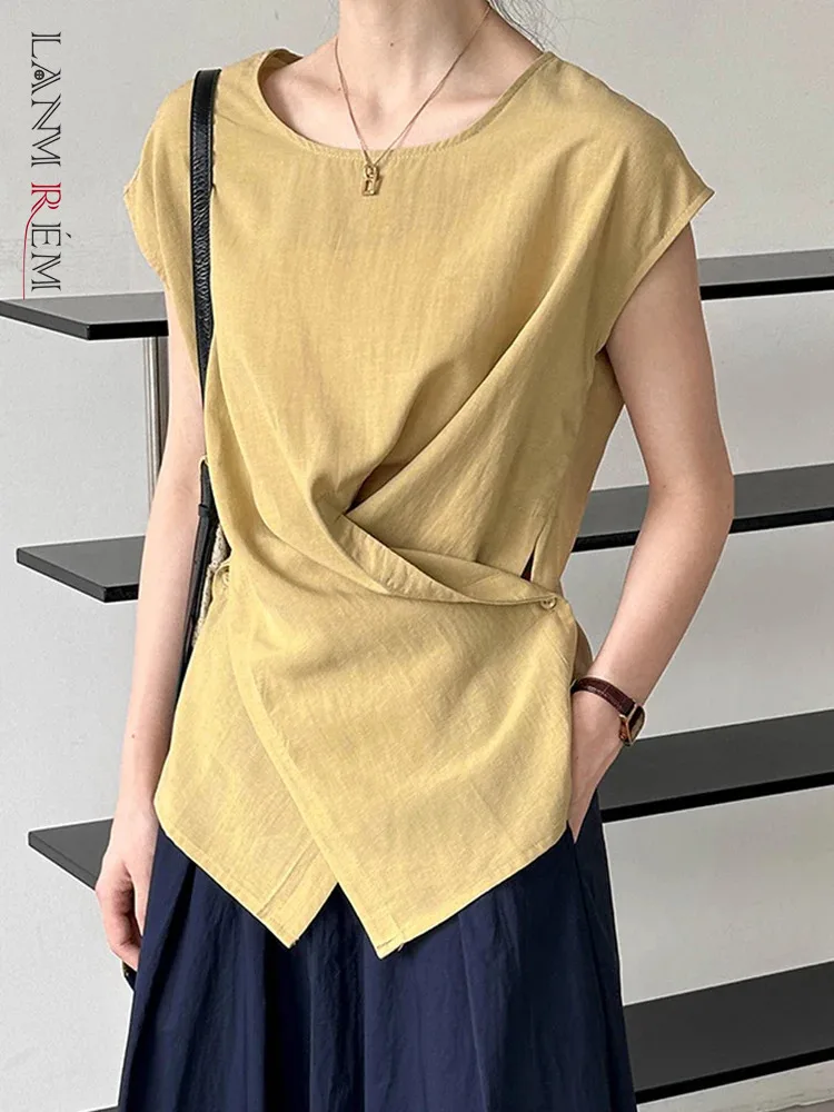 

[LANMREM] Irregular Bandage Gathered Waist T-shirt For Women Round Neck Short Sleeve Fashion Tops 2024 Summer New 26D9691