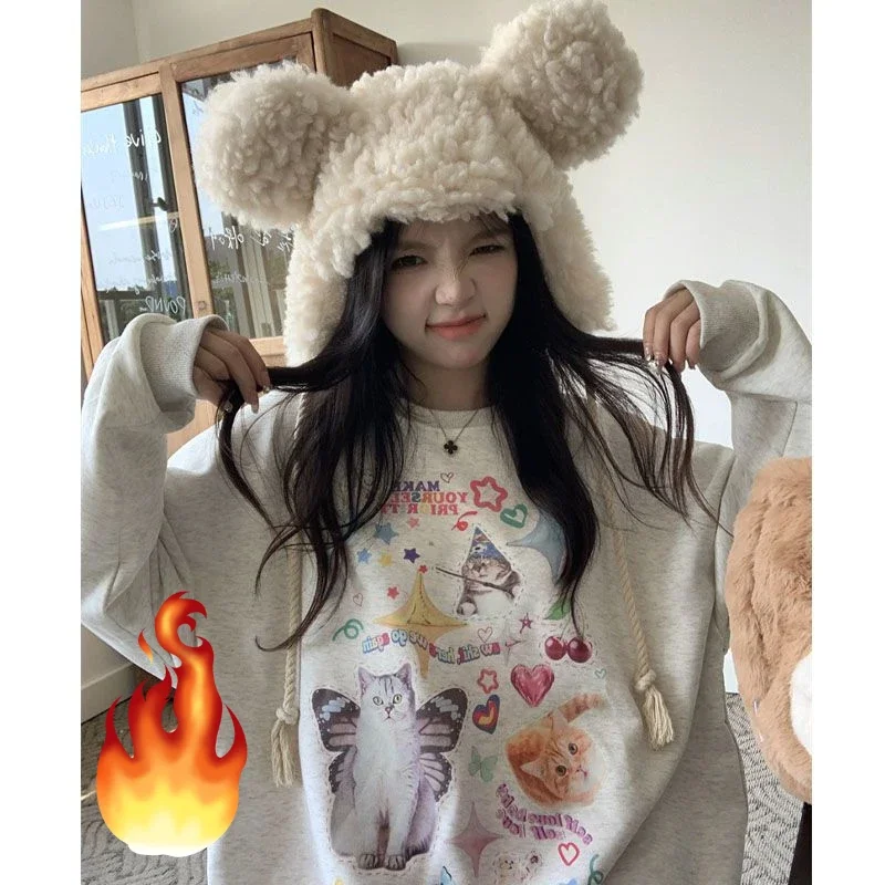 thumbnail image 2 of Kawaii Cat Zip Up Hoodie For Teens - Y2K Cute Oversized Sweatshirt With Long Sleeves 2 of 3
