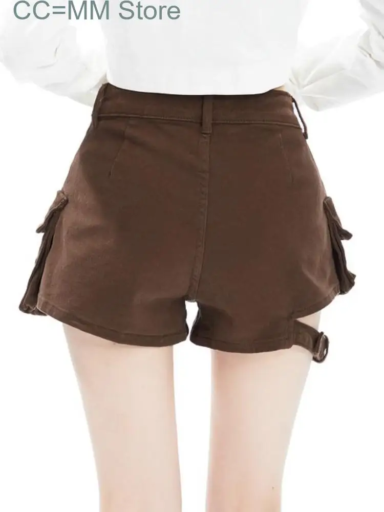 New Summer Brown Fashion Shorts Women Asymmetric Korean Style Designer Denim Pants Female High Waist Casual Vintage Pants