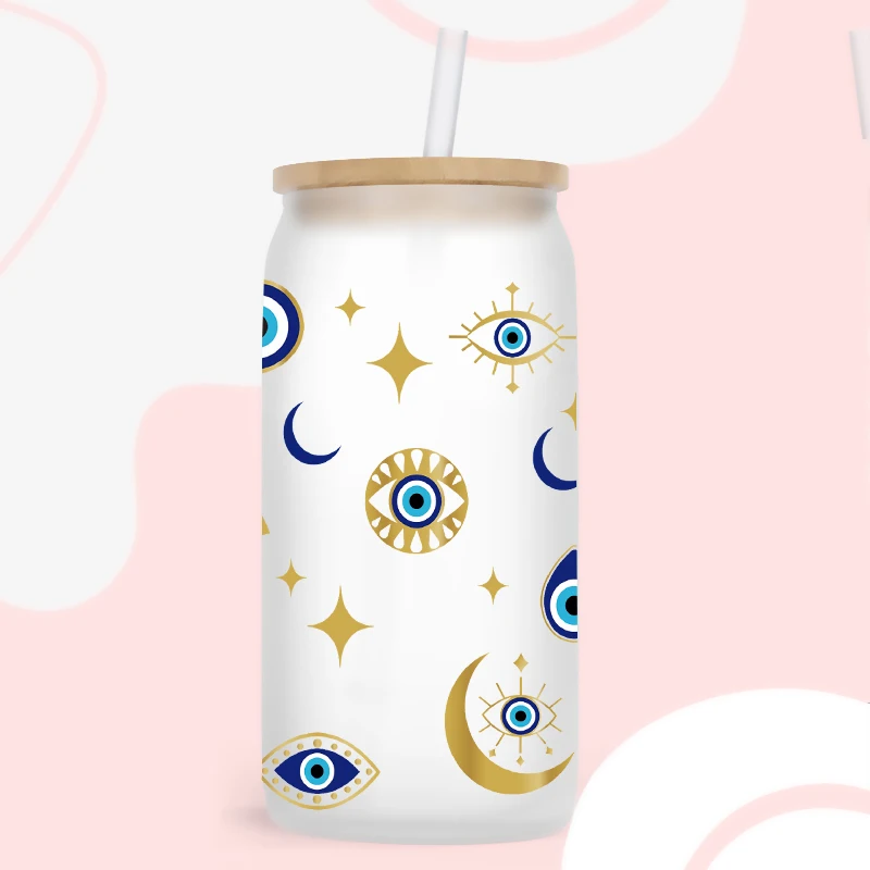 Blue Evil Eye Turkish Eye Humsa Stickers 16oz Libbey Glass Can Cup Wrap D2862 adhesive vinyl stickers glass can wrap