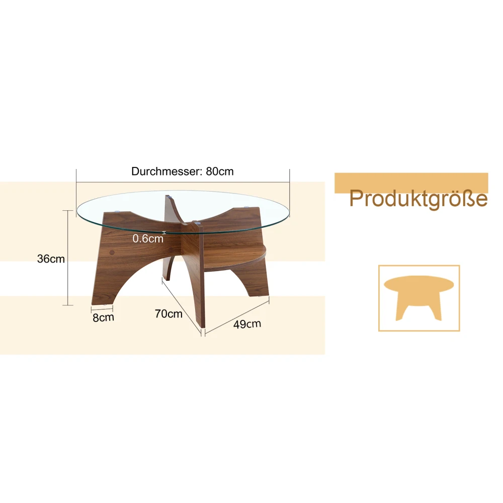 Eleganter 80cm Runder Sicherheitsglas-Beistelltisch Geformter Rahmen & Schwarze Holzoptik MDF-Beine Multifunktional für Heim- & Büroräume – Detail 21