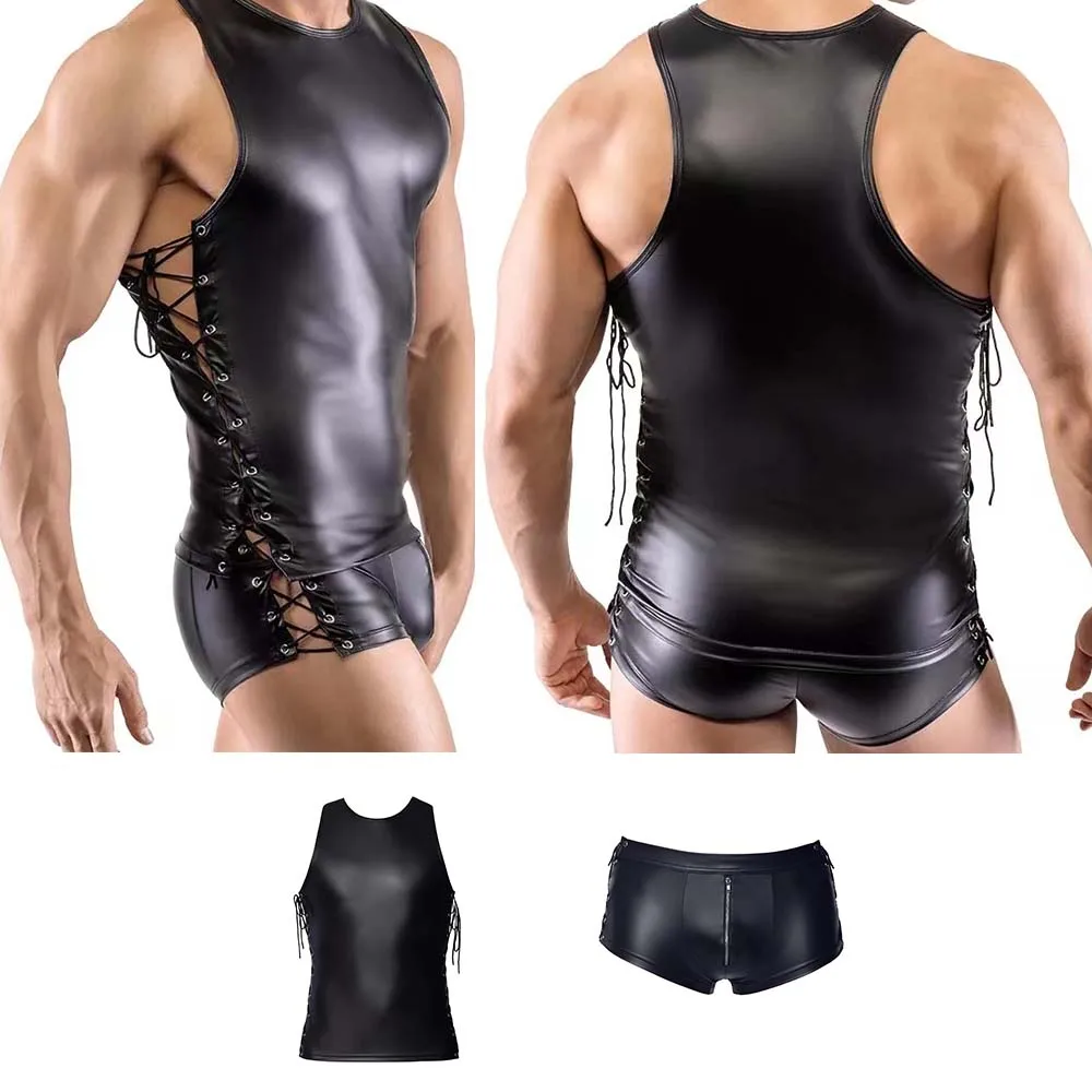 

Imitation Leather Men Sexy Underwear Set Bandage Top Shorts Gay Vest Panties Stage Show Clothes