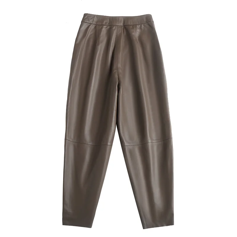 Women's Genuine Leather Ankle Length Pants, Haren Sheepskin Pants, Simple Casual Pants, OL, Spring, Autumn