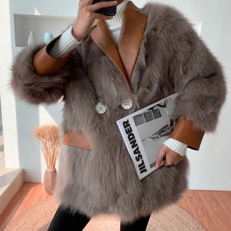 Winter Coat Women Korean Style Leather Patchwork Faux Fox  Fur Jacket Thick Office Lady V-Neck Midi-Length Fluffy Outwear Loose