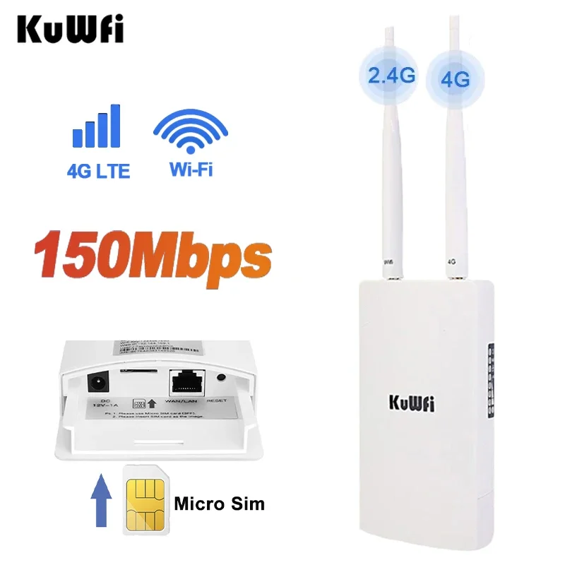 

KuWFi 4G Wi-Fi роу-тер водонепроницаемый 4G SIM Wi-fi роу-тер беспроводной CPE FDD / TDD CAT4 150 Мбит / с для IP камеры