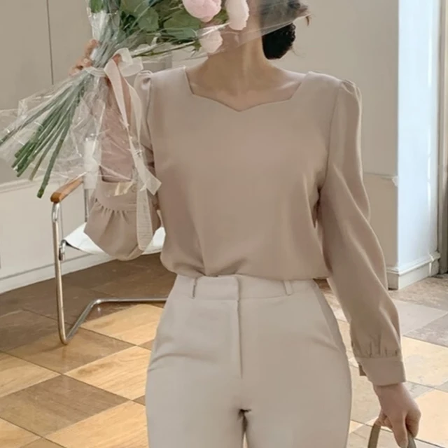 Korean Style Chic Puff Long Sleeve Blouse Temperament Simple Square Collar Tops Versatile Pullover Soft Solid Color Shirt Blusas 2