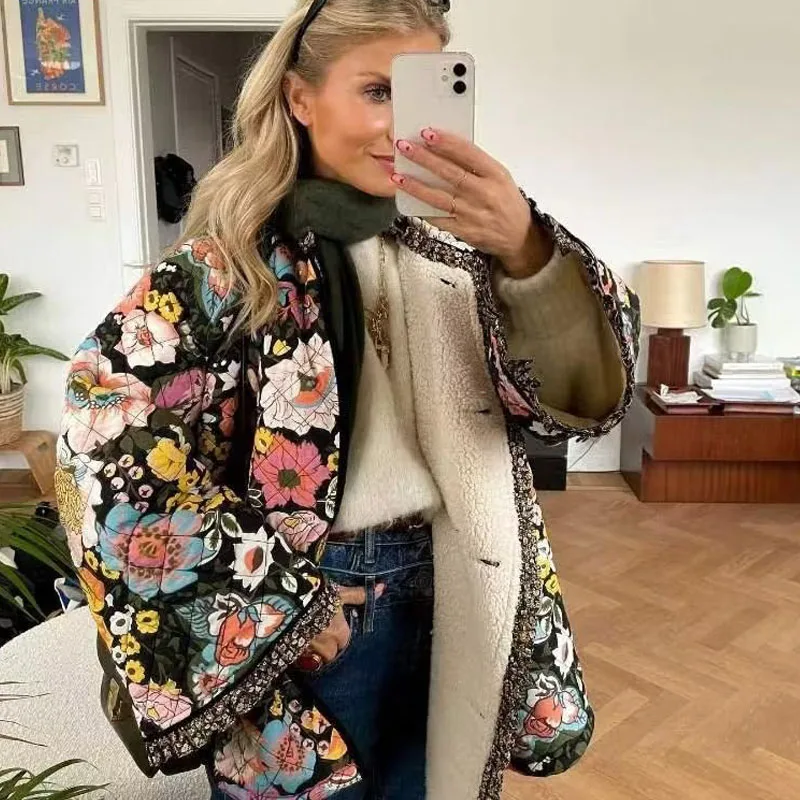 

TRAF Print Jacket Women 2023 Autumn Winter Vintage Ruffle Long Sleeve Top Woman Coat Loose Female Jacket Chic Tops Streetwear