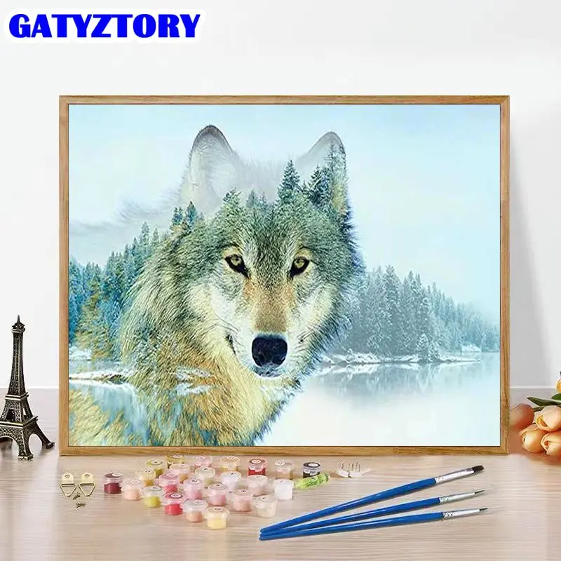 

GATYZTORY Pictures By Number Wolf Animal Kits Painting By Numbers Lake Landscape Diy Art Drawing On Canvas Home Decor