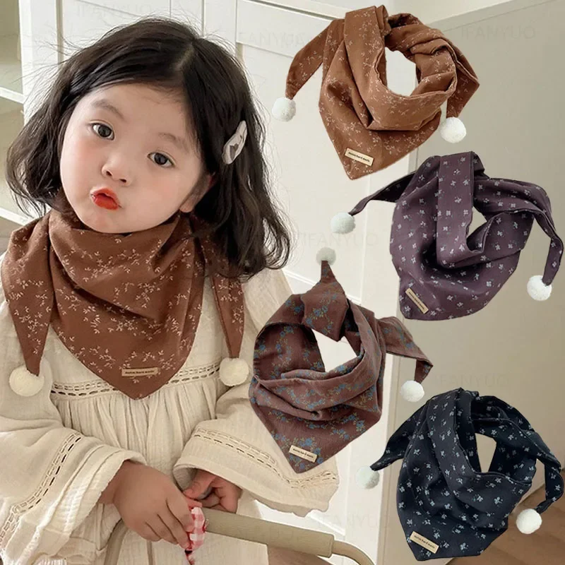 Autumn Winter Korean Children Floral Triangle Scarf Casual Fashion Boys Girls Cotton Neckerchief Warm Cute Baby Hairball Scarves