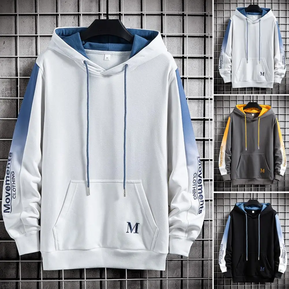 

Men Hoodie Contrast Color Drawstring Hooded Hat Long Sleeves Pullover Elastic Cuff Soft Warm Autumn Sweatshirt for Daily Wear