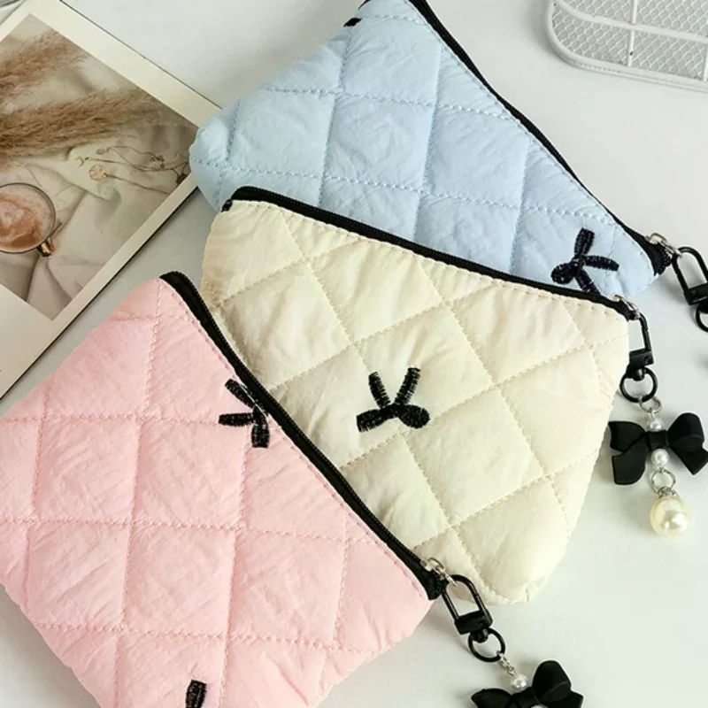 Bow Quilted Coin Purse Wallet Lipstick Storage Bag Earphone Data Cable Storage Bag Mini Women's Cosmetic Storage Bag
