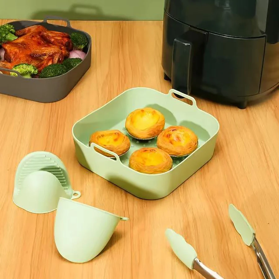Alyvisun Teglie per Friggitrice ad Aria, 2 Pezzi Teglia Silicone per Air Fryer Contenitori Cestello Riutilizzabile Rotondo Tappetino Stampi Per Airfryer, Microonde, Forno (Rosso+Azzurro Cielo