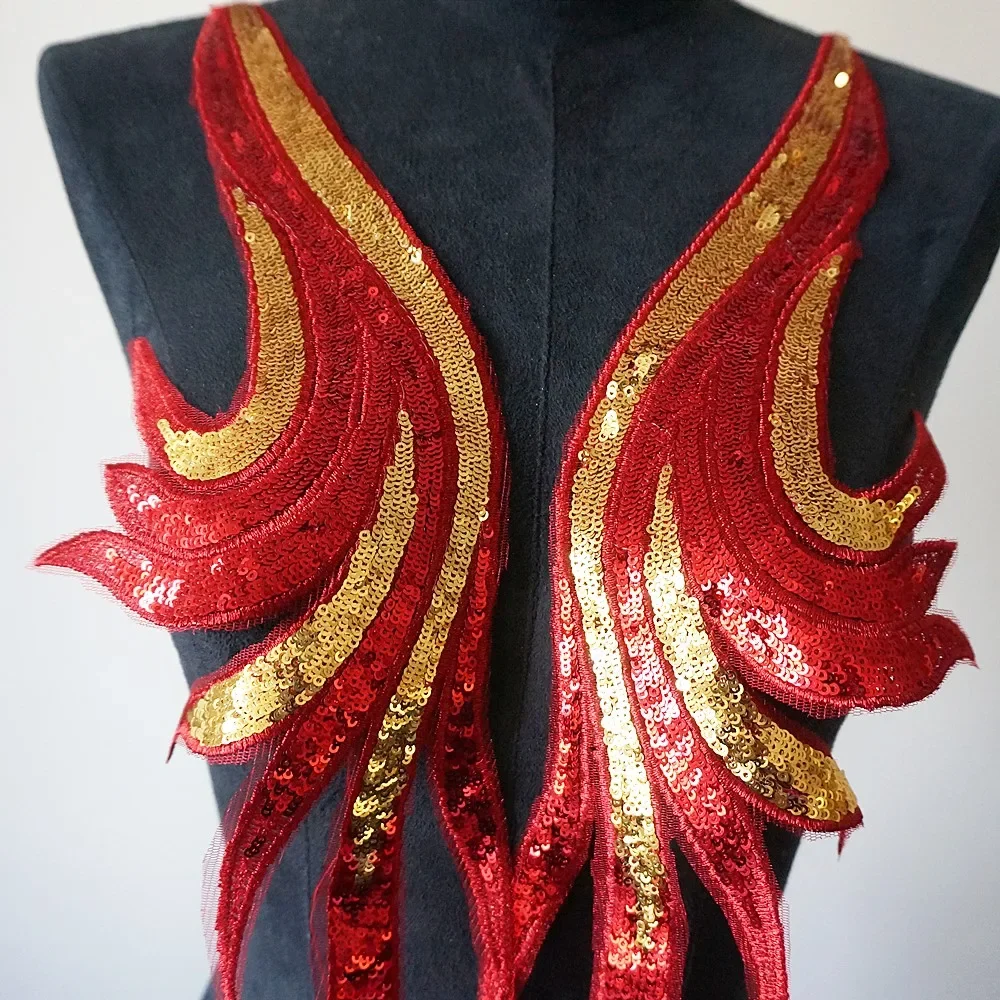 Description Picture 4 of item2Pcs Sequin Red Bordir Lace Applique Sewing Flower Collar Patch Wedding Party Gown Bridal DIY