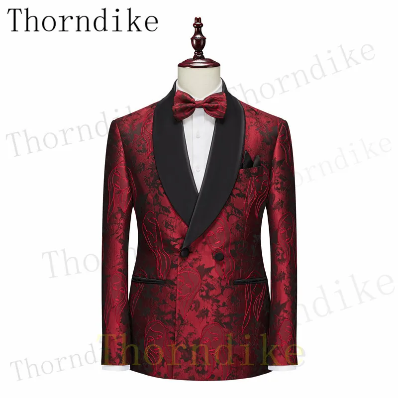 Thorndike Terno Masculino Burgundy Slim Fit Male Floral Formal Wedding Mens Double Breasted Suits Groom Tuxedo Prom Suits
