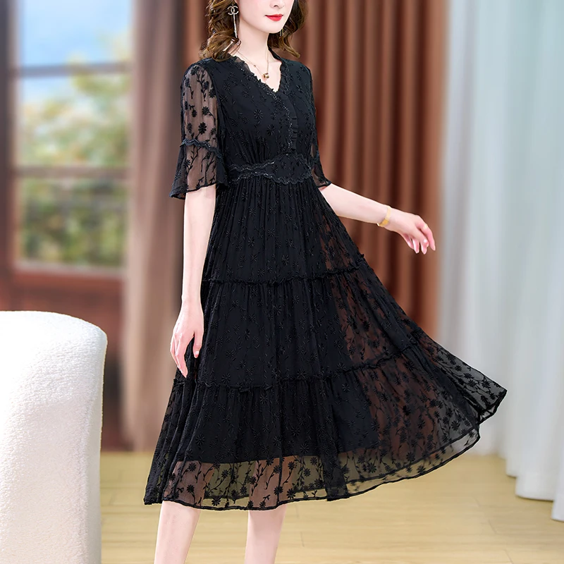 

2023Black Mesh Embroidery Lace Floral Office Dress Women Summer Short Sleeve Tulle Vintgae Dress Elegant Sexy Club Party Dresses