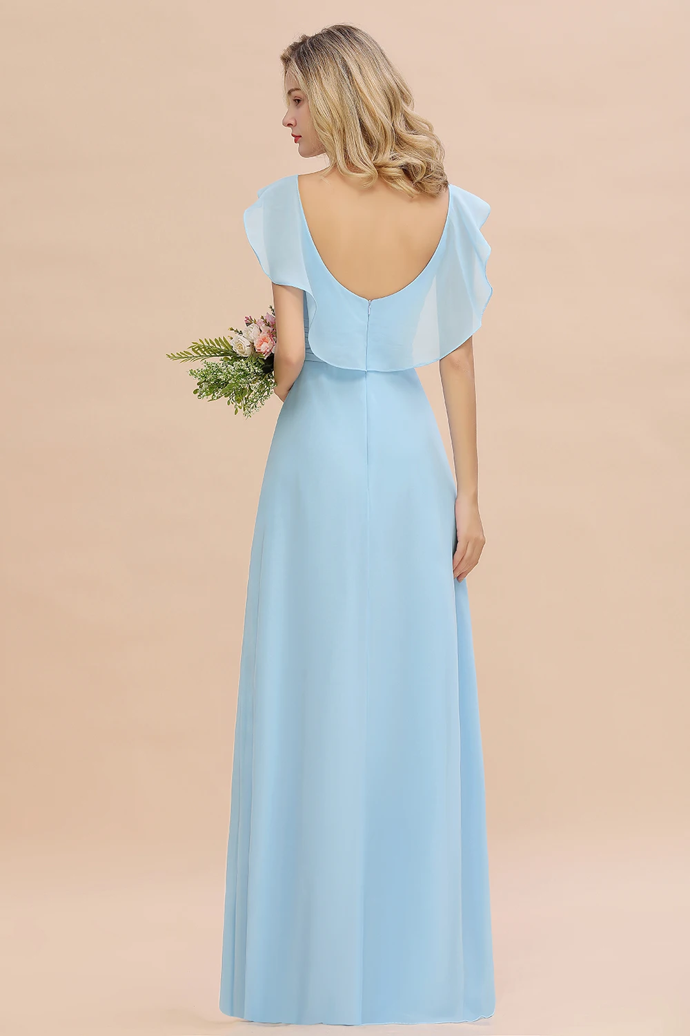 MisShow New Sky Blue Long Bridesmaid Dresses V Neck Ruched A Line Chiffon Prom Party Gowns Vestidos Elegantes Para Mujer