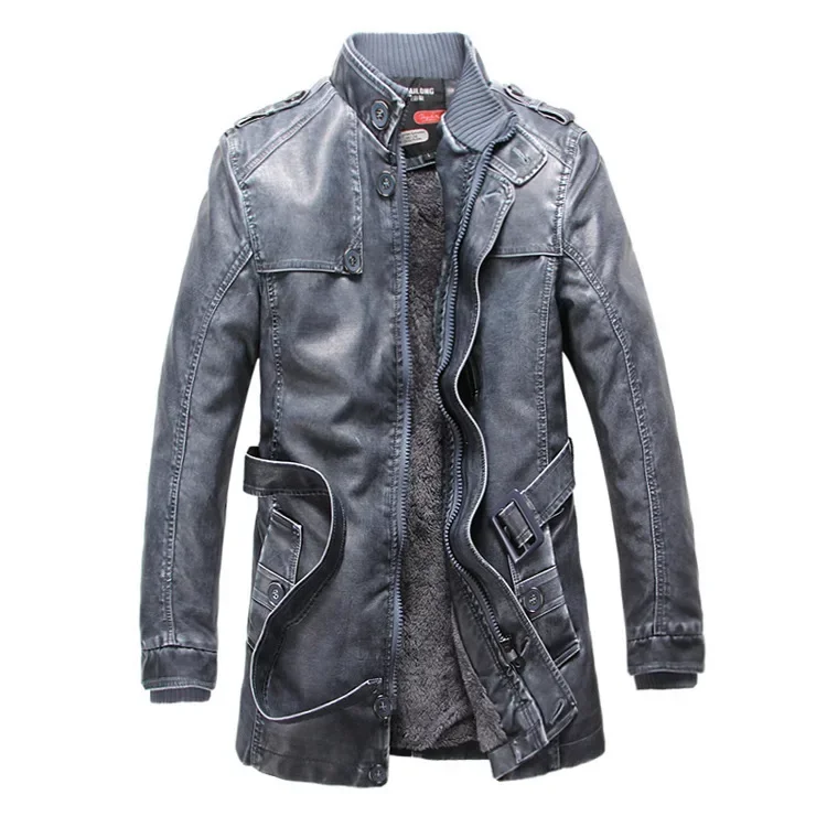 Men Leather Jacket with Zipper Slim Stand Winter Thick Long Coat Genuine Leather Plush Adjustable Waist
