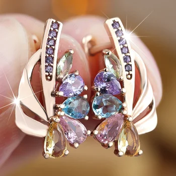 Rainbow Zircon Water Drop Stone Flower Hoop Earrings For Women Charm Gold Color Ear Buckle Wedding Jewelry Engagement Party Gift