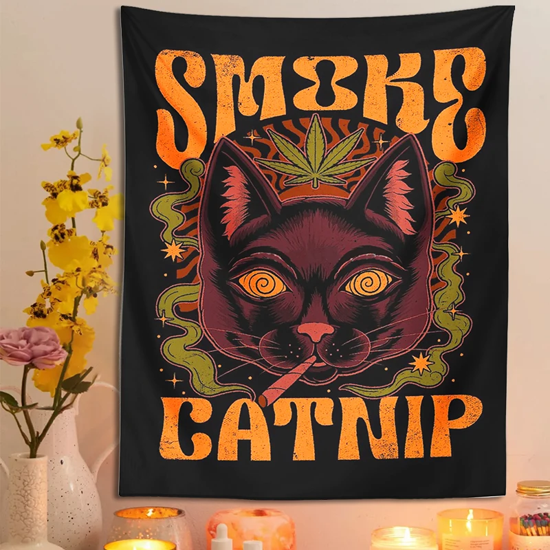 Smoke Catnip Tapestry Wall Hanging Retro Tarot Cat Smoke Leaf Misteriosa Divinazione Stregoneria Black Cool Home Dormitorio Room Decor