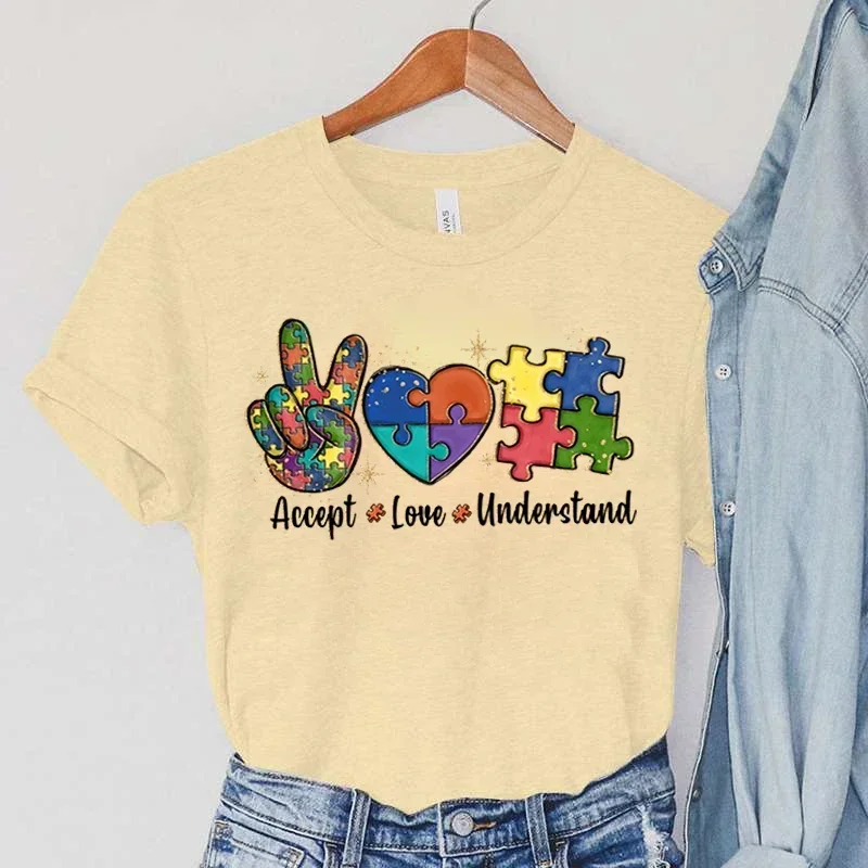 

Женская футболка с принтом «принять любовь и понимать», футболки с принтом «осведомленность об аутизме», женские футболки с цветными блоками-пазлами, корейские Топы в стиле Харадзюку, 2023