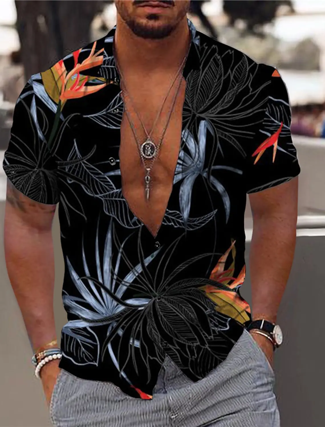 thumbnail image 1 of Camisa para hombre Camisa gráfica Camisa hawaiana Camisa con estampado de hojas hacia abajo Manga corta Abotonada Ropa Diseñador de moda Casual Transpirable, 1 of 4