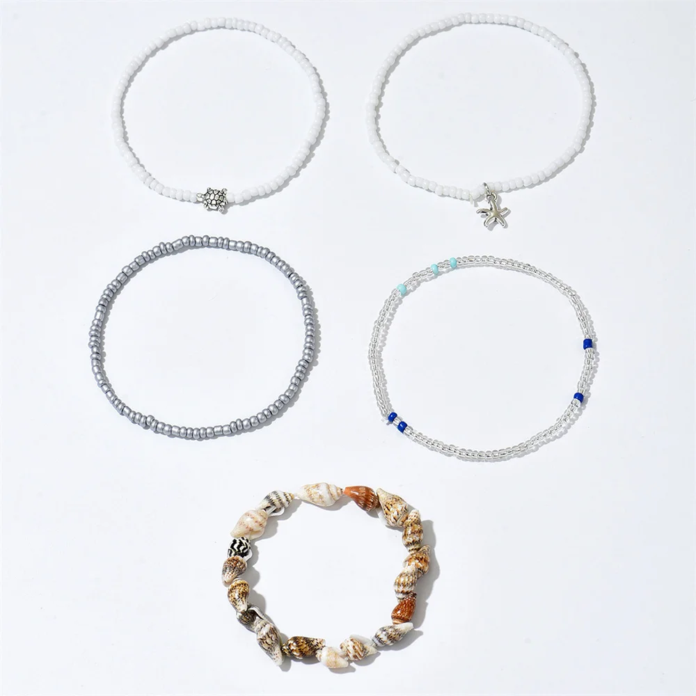 5pcs/Set Cute Sea Turtle Starfish Conch Rice Beads Anklets For Women Silver Color Foot Chain Ankle Bracelet Beach Summer Jewelry