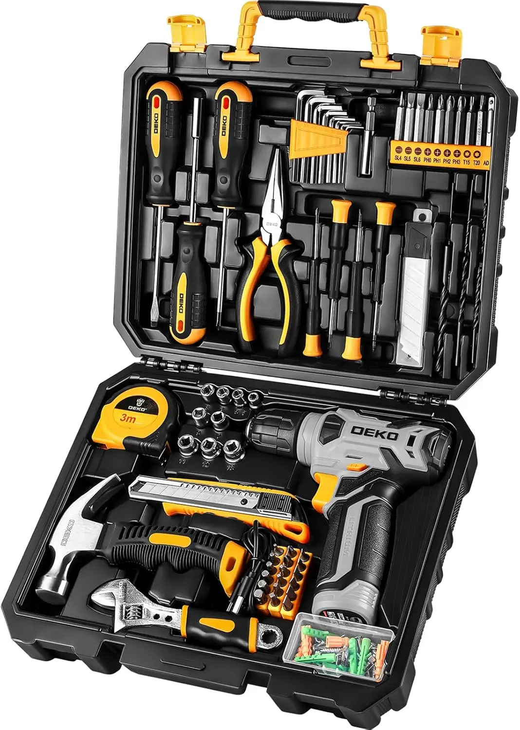 Caja Herramientas Completa con Destornillador Electrico/Taladro con bateria de 8V, Maletin de 126 Piezas, Caja profesional