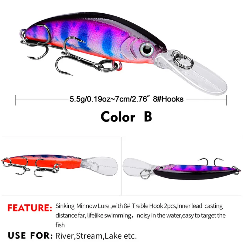 Sinking Fishing Lures 7cm/2.76in 5.5g/0.19oz Minnow Hard Bait with 2  Fishing Hooks Fishing Tackle for Freshwater Saltwater