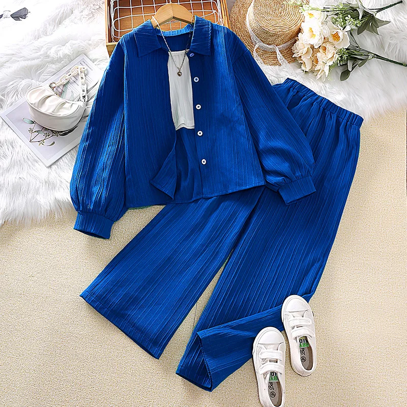 Girls Clothes Sets 4-16 Years Blue Long Sleeve Top + Blue Pants For Girls Spring Autumn Korean Style Suits Casual Clothes Sets - 2