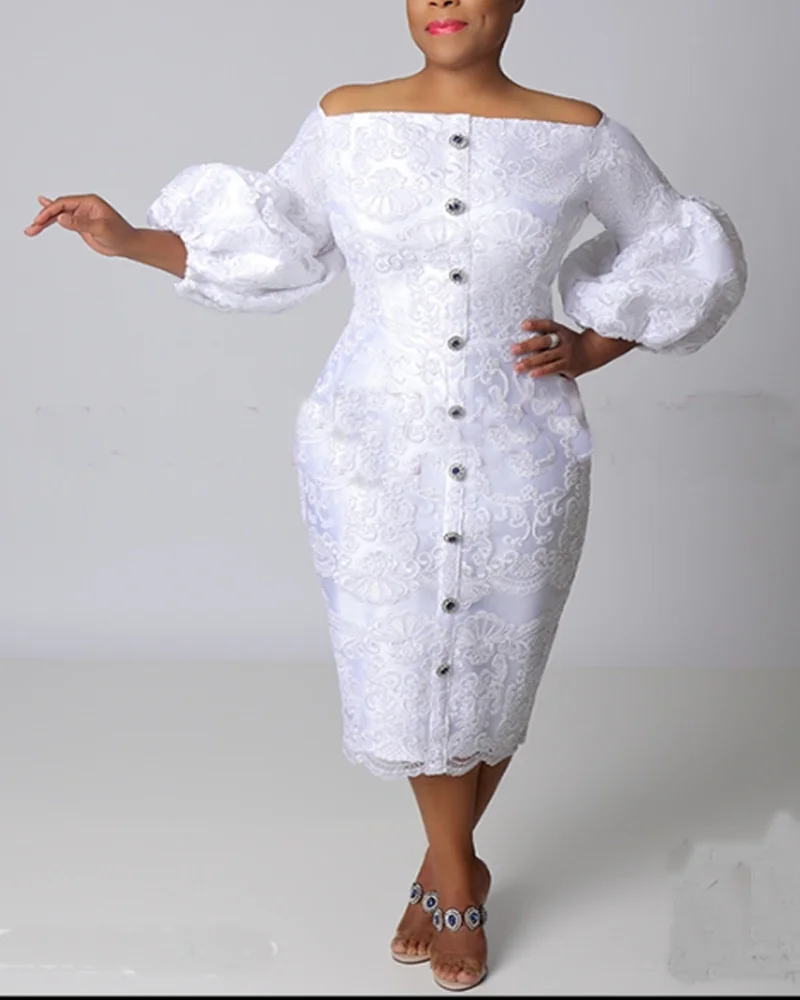 

White Dress 2024 Women Decorative Single Breasted Lantern Sleep Dress Elegant Solid Color Water Double Positioning Lace Vesidos