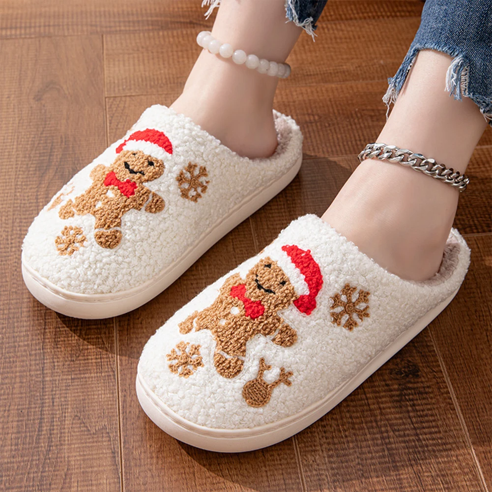 Women Christmas Gingerbread Men's Shoes Cute Winter Warm Plush Non-Slip Slippers Exquisite Home Office Building Christmas Gift