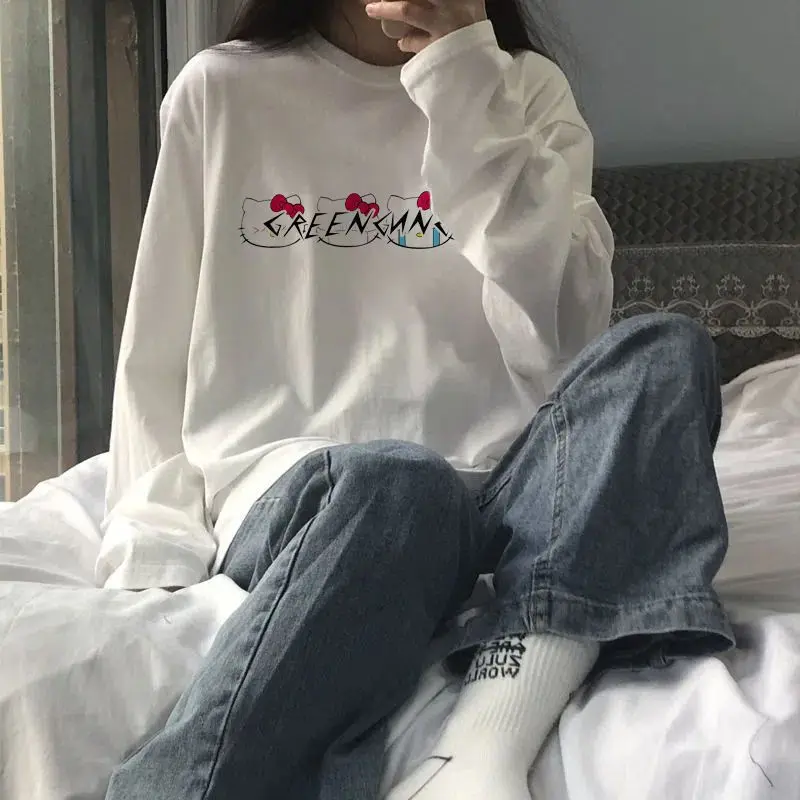 

Anime Kawaii Sanrio Hello Kitty Women's Long-Sleeved T-Shirt Spring Autumn New Women's Loose Top Casual Sports Inner Layering