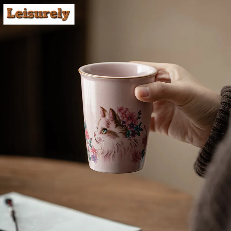 270ml Pink Ru Kiln Flower Cat Cola Mug Mocha Cups Master Mug Bubble Teacup Cold Hot Water Jug Household Tea Items Ornaments Gift