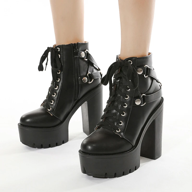 Botines con plataforma con cordones para mujer, tacones altos Punk negros  para mujer, zapatos de cuero suave para mujer, zapatos de tacón cuadrado  gótico para mujer|Botas hasta el tobillo| - AliExpress