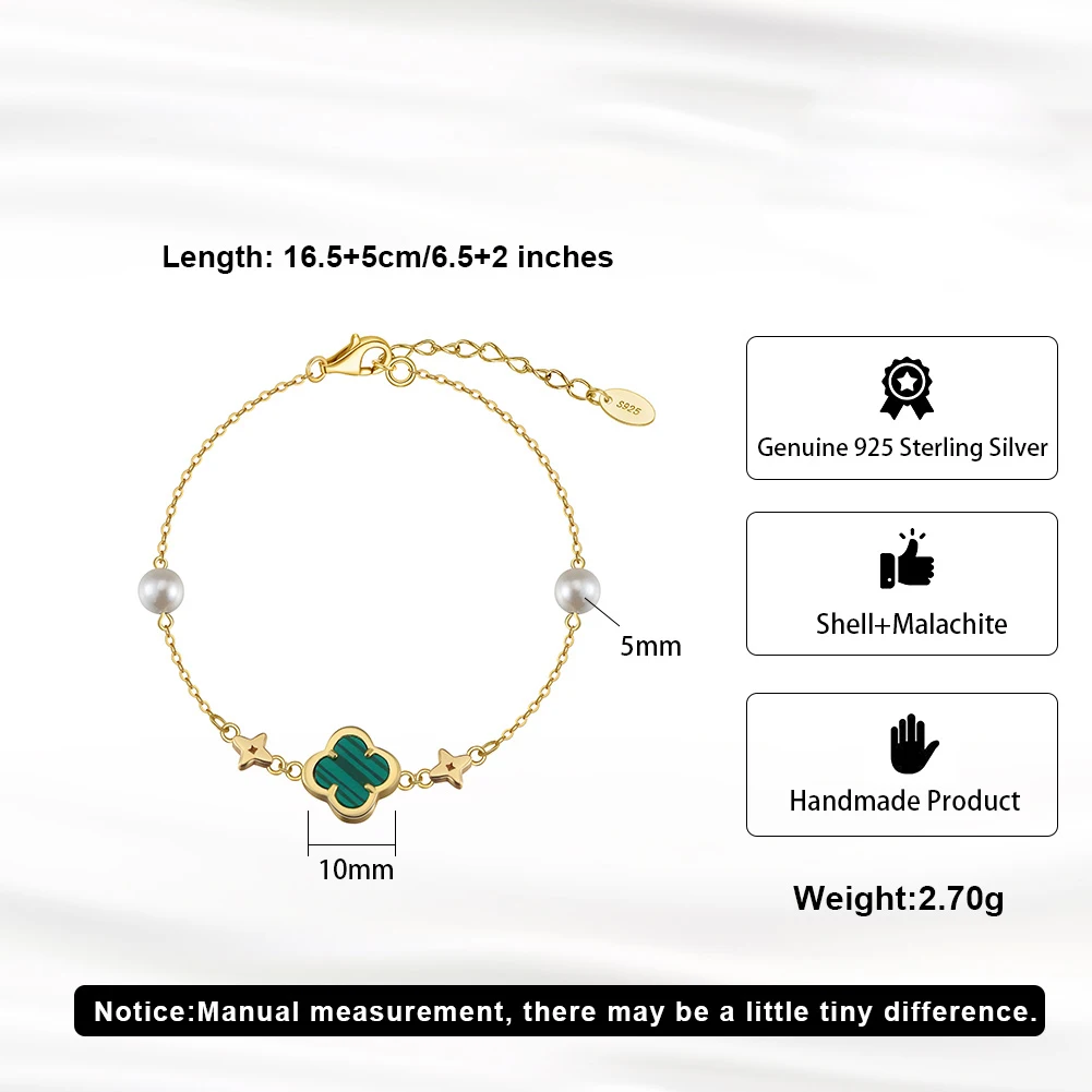 Silver Green Shell Four-Leaf Clover Bracelet O-Chain With Pearl